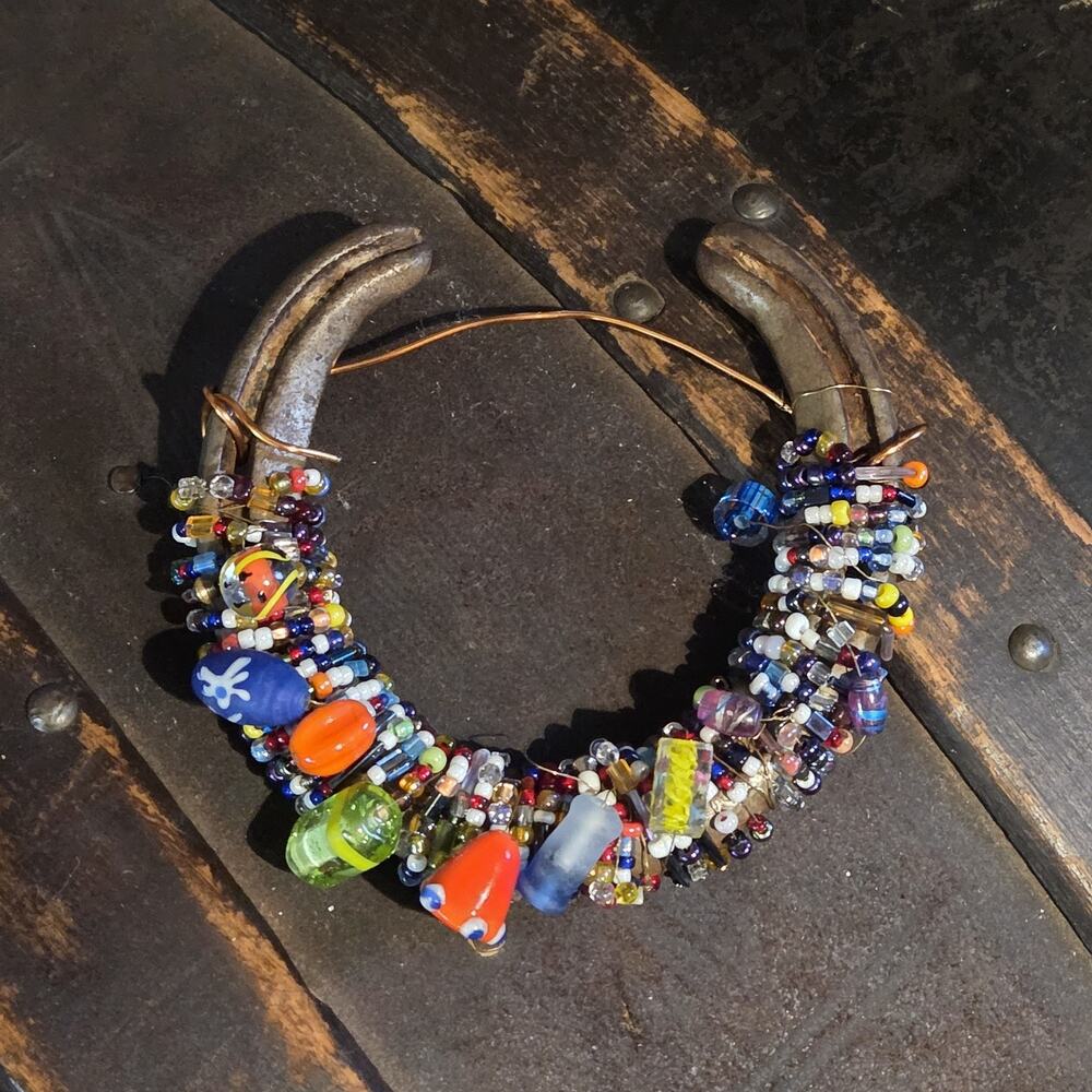 Beaded Lucky Horse Shoe Copper Wire Colorful Glass Western Wall Housewarming